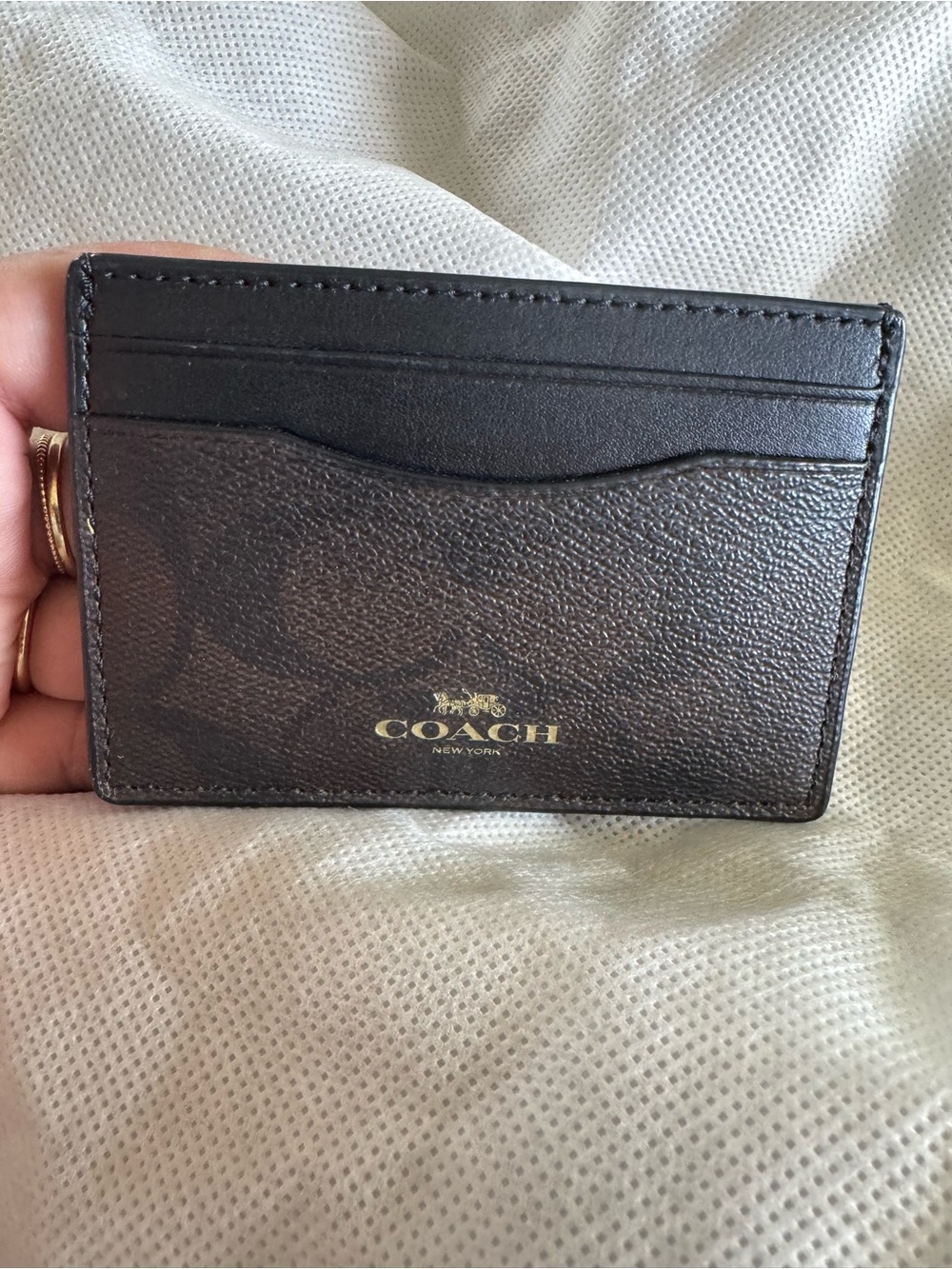 COACH Brown & Black Signature Card Holder with Gold Logo - Picture 1 of 4
